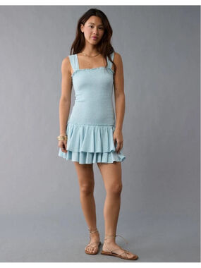 American Eagle AE Sunchaser Knit Smocked Drop Waist Mini Dress Size M Beach